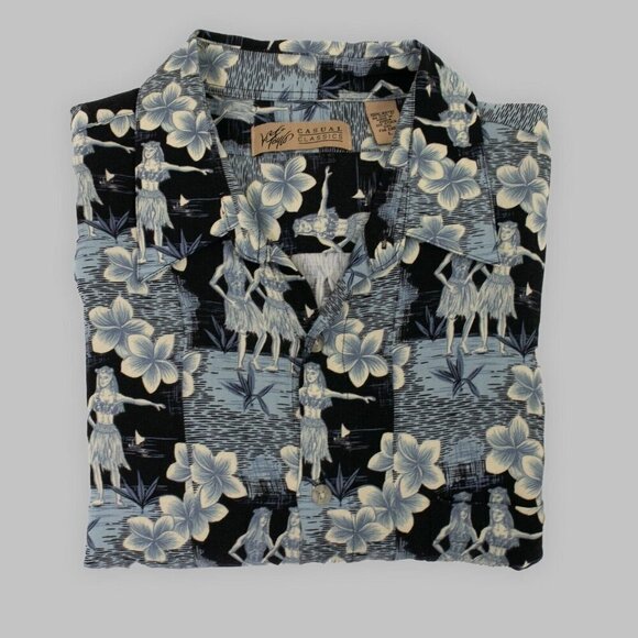 Vintage LORD & TAYLOR Aloha Camp Shirt Mens L Blue Rayon Hawaiian Hula Dancers - Picture 10 of 10